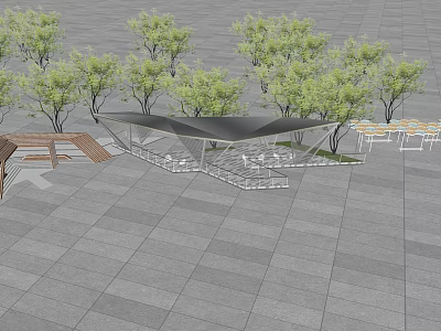 Modern Pergola Design With Seating Areas And Green Trees In Urban Plaza 3d model