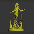 Pink Haired Female Character In Red Yellow Outfit With Flame Creature On Red Base