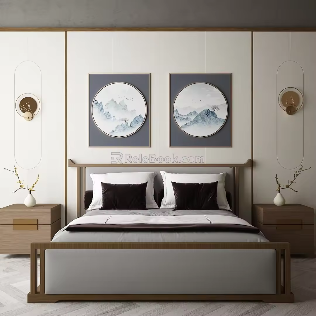 New Chinese Background Double Bed Combination 3d model