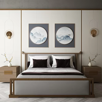 New Chinese Background Double Bed Combination 3d model