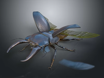 Blue Beetle With Large Horns And Wings Near Green Leaf On Dark Background 3d model