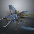 Blue Beetle With Large Horns And Wings Near Green Leaf On Dark Background