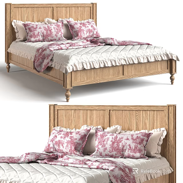 Rustic Oak Wood Double Bed With Floral Pink Pillows And White Bedding 3d model 