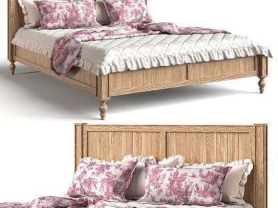 Rustic Oak Wood Double Bed With Floral Pink Pillows And White Bedding 3d model
