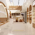 Modern Minimalist Dessert Shop Interior With Glass Display Case Wooden Shelves And Pendant Lighting