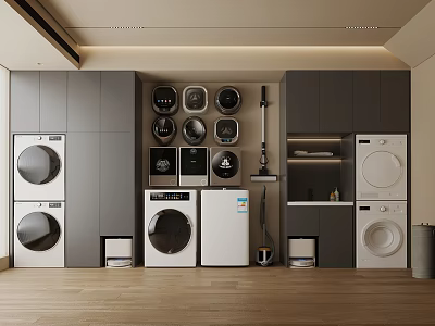 Modern Laundry Room Setup With Washing Machines Dryers Cabinets And Cleaning Tools 3d model