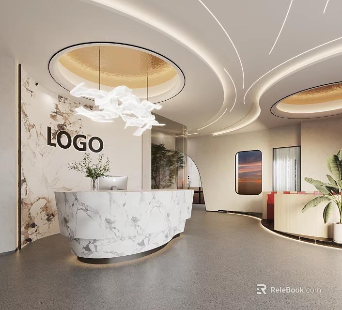 Modern Reception Area Front Desk With Marble Counter Logo Wall Circular Pendant Lights And Plants 3d model 
