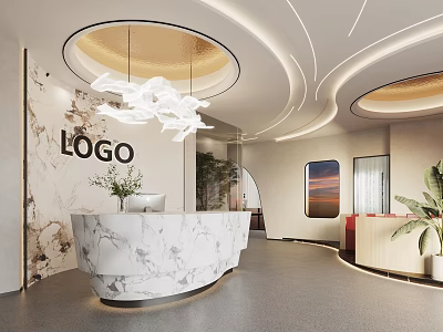 Modern Reception Area Front Desk With Marble Counter Logo Wall Circular Pendant Lights And Plants 3d model