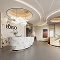 Modern Reception Area Front Desk With Marble Counter Logo Wall Circular Pendant Lights And Plants