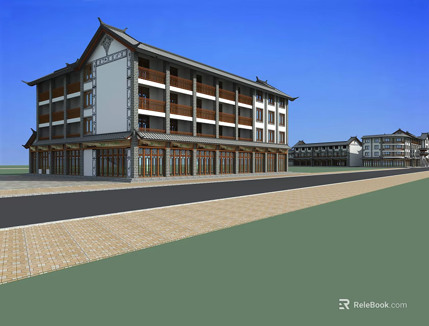 Traditional Chinese Multi story Building With Sloped Roof Wooden Structure And Street View Surroundings 3d model 