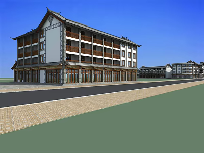 Traditional Chinese Multi story Building With Sloped Roof Wooden Structure And Street View Surroundings 3d model