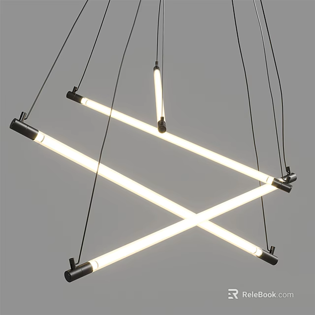 Modern Crossed Linear Chandelier Design With Illuminated LED Bars And Black Suspension Cables 3d model 