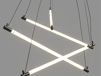 Modern Crossed Linear Chandelier Design With Illuminated LED Bars And Black Suspension Cables 3d model