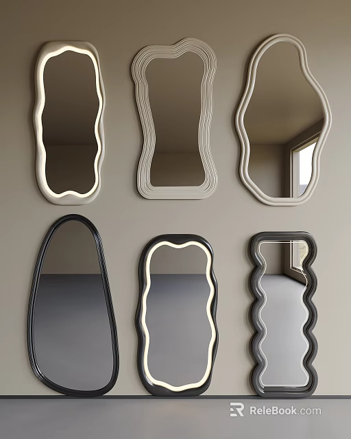 Various Shaped Decorative Mirrors With Curved Frames And Colored Borders On Wall 3d model 