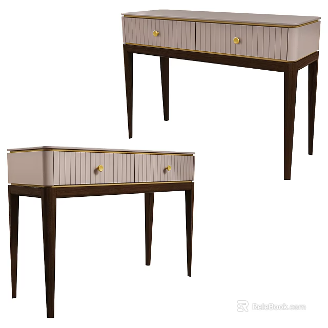Modern Entryway Console Cabinet With Beige Top Dark Wooden Legs And Golden Handles 3d model 