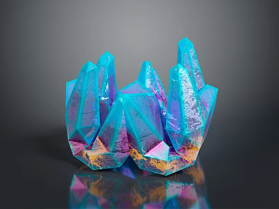 Colorful Iridescent Crystal Cluster With Pointed Tips And Orange Reflective Base 3d model