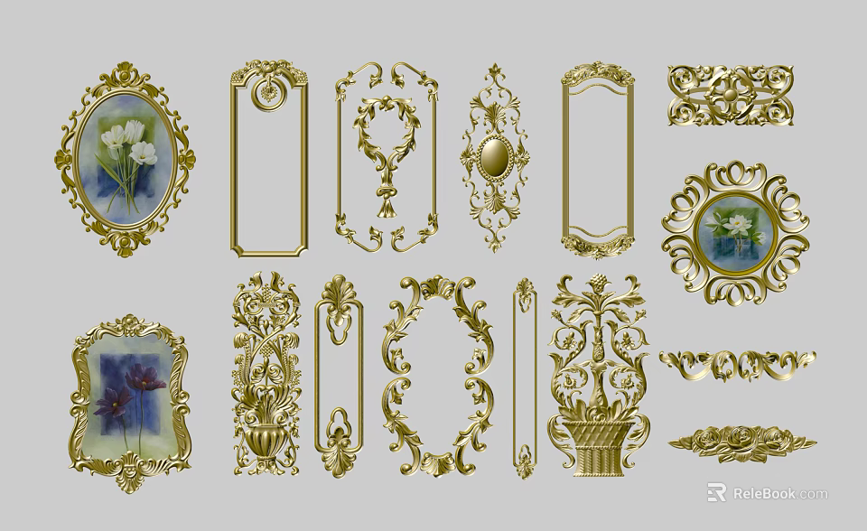 Gold Ornamental Decorative Lines With Floral Patterns Oval Rectangular Frames And Artistic Designs 3d model