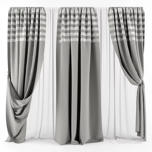 Modern Gray Striped Curtains With Pleated Design And Sheer Inner Panels 3d model 