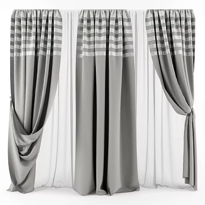 Modern Gray Striped Curtains With Pleated Design And Sheer Inner Panels 3d model