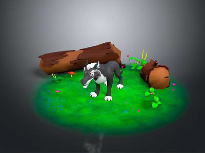 Gray Wolf Standing on Lush Green Grass with Logs Mushrooms and Small Flowers 3d model