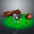 Gray Wolf Standing on Lush Green Grass with Logs Mushrooms and Small Flowers