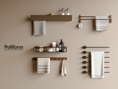 Modern Bathroom Accessories With Towel Racks Shelves Towels And Soap Dispenser 3d model