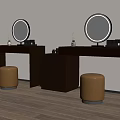 Modern Dark Dressing Table With Round Mirror Stool And Decorative Items 3d model