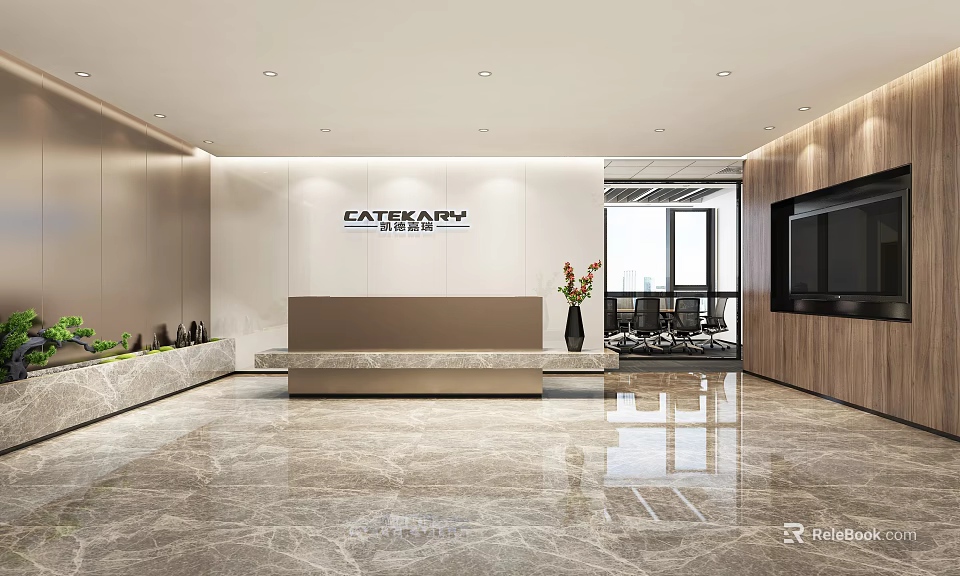 Modern Office Reception Area Featuring CATEGORIA Logo Reception Desk And Marble Floor 3d model 