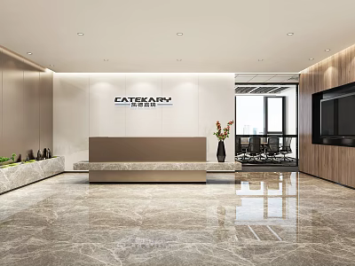 Modern Office Reception Area Featuring CATEGORIA Logo Reception Desk And Marble Floor 3d model