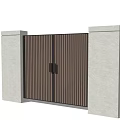 Modern Entrance Gate With Brown Slats Circular Design And Gray Pillars