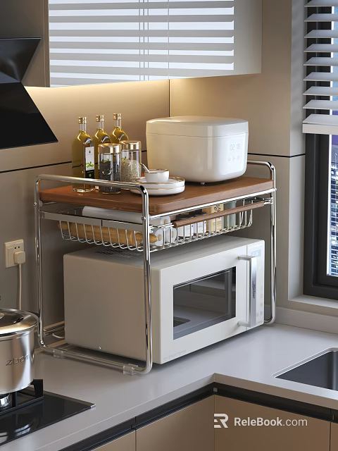 Stainless Steel Kitchen Storage Rack Featuring Rice Cooker Oil Bottles Seasoning Containers And Microwave 3d model 