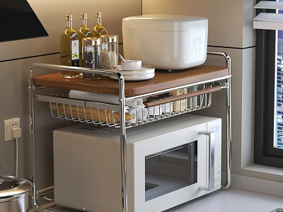Stainless Steel Kitchen Storage Rack Featuring Rice Cooker Oil Bottles Seasoning Containers And Microwave 3d model