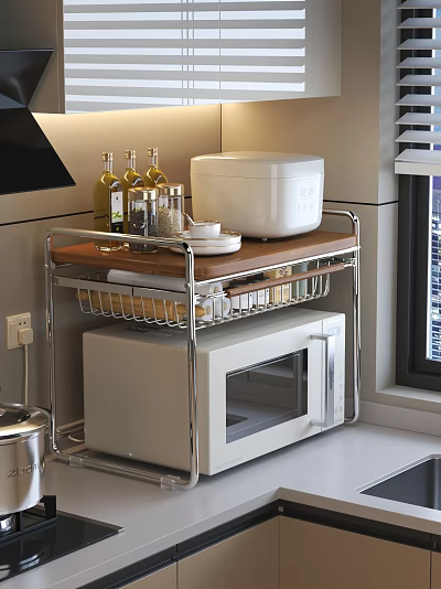 Stainless Steel Kitchen Storage Rack Featuring Rice Cooker Oil Bottles Seasoning Containers And Microwave 3d model