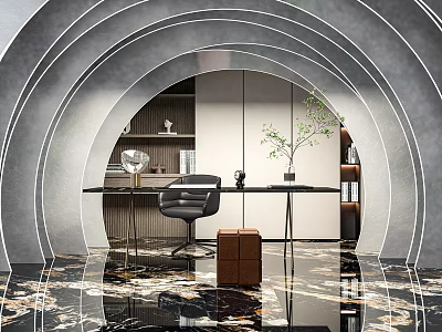 Modern Study Room With Arched Design Desk Chair Bookshelf Green Plant And Marble Floor Lighting 3d model