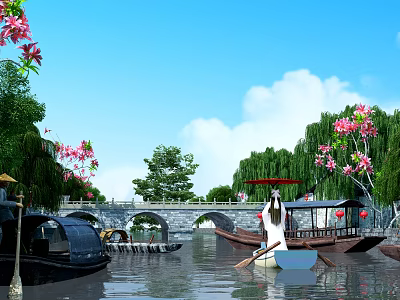 Cartoon River Scene With Stone Bridge Boats Pink Flowers Willow Trees And Blue Sky 3d model