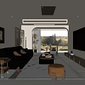 Modern Living Room Interior With Black Leather Sofa Coffee Table And Scenic View