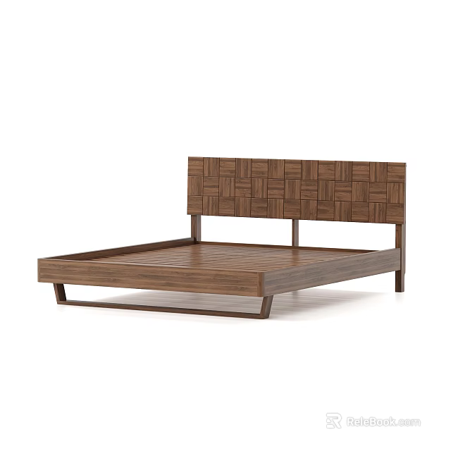 Modern Wooden Double Bed With Woven Pattern Headboard And Simple Platform Frame 3d model