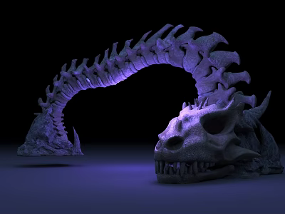Religious Mythology Giant Skeleton With Curved Spine And Mythical Beast Skull In Purple Lighting 3d model