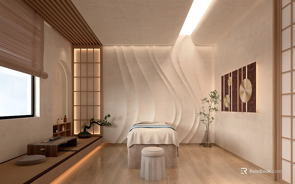 Serene SPA Sauna Interior Design With Massage Bed Wavy Wall Wooden Elements And Decorative Plants 3d model 