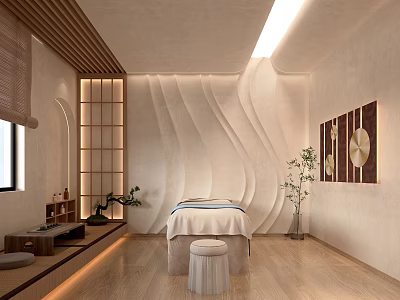 Serene SPA Sauna Interior Design With Massage Bed Wavy Wall Wooden Elements And Decorative Plants 3d model