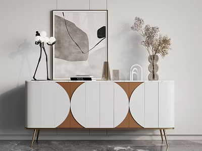 Modern Entryway Console Cabinet With Circular Door Design And Decorative Vases 3d model