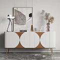 Modern Entryway Console Cabinet With Circular Door Design And Decorative Vases