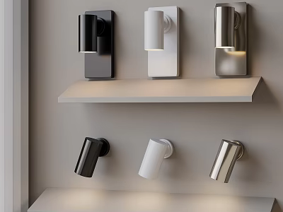 Modern Wall Sconces In Black White Silver Colors Mounted On Shelves For Home Decor 3d model