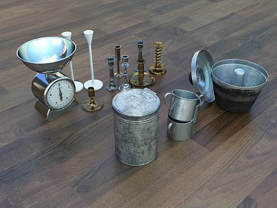 Vintage Metal Household Items Including Scale Candle Holders And Canisters On Wooden Floor 3d model
