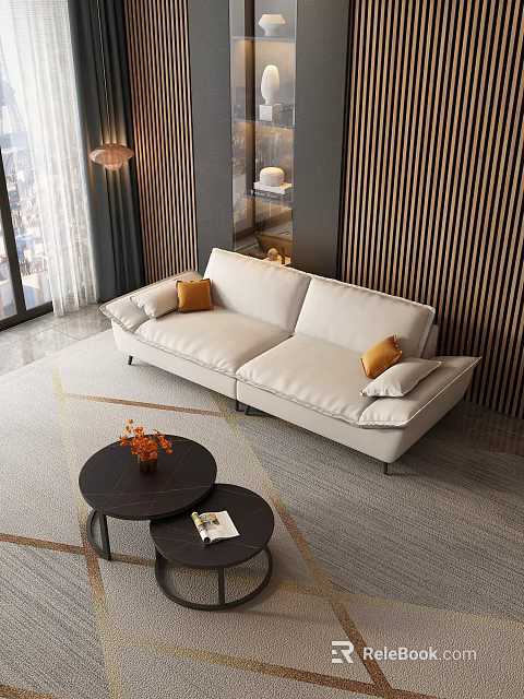 Modern Sectional Sofa with Orange Accent Pillows Wooden Panel Wall and Floor to Ceiling Windows 3d model 