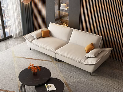 Modern Sectional Sofa with Orange Accent Pillows Wooden Panel Wall and Floor to Ceiling Windows 3d model