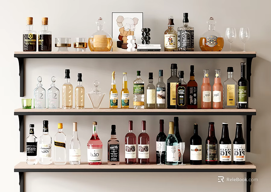 Stylish Wine Bottles And Glasses Arranged On Shelves With Decorative Accents 3d model 