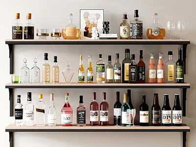 Stylish Wine Bottles And Glasses Arranged On Shelves With Decorative Accents 3d model