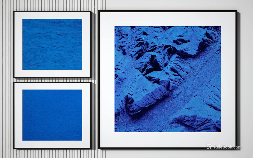 Blue Toned Artworks With White Frames On Wall Featuring Mountain Terrain 3d model