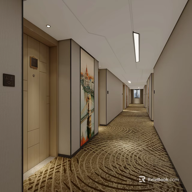 Modern Hotel Corridor With Patterned Carpet Decorative Wall Art And Ceiling Lighting 3d model